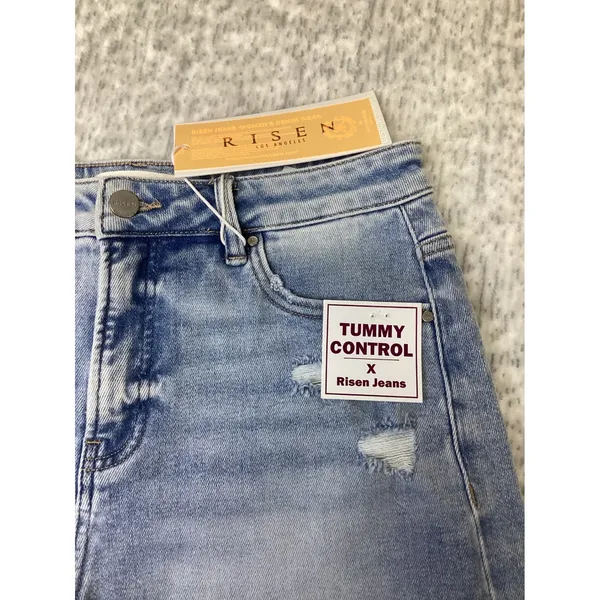 Risen Jeans Tummy Control Distressed High Rise Midi Denim Shorts Light Wash M - Image 2