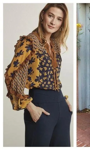 Cabi Harmony Gold Navy Ruffle Floral Peasant Semi Sheer Blouse Top XS - Image 2