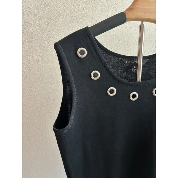 Ming Wang Knit Tank Top Women Size M Black‎ Grommet Neckline Sleeveless Shell - Image 7