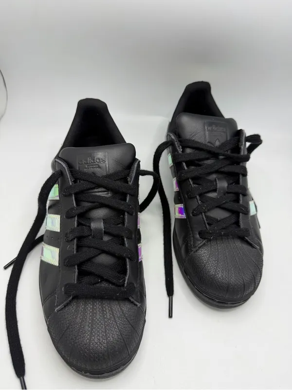 adidas Black Superstar Sneakers with Iridescent Stripes Size 7.5 - Image 3