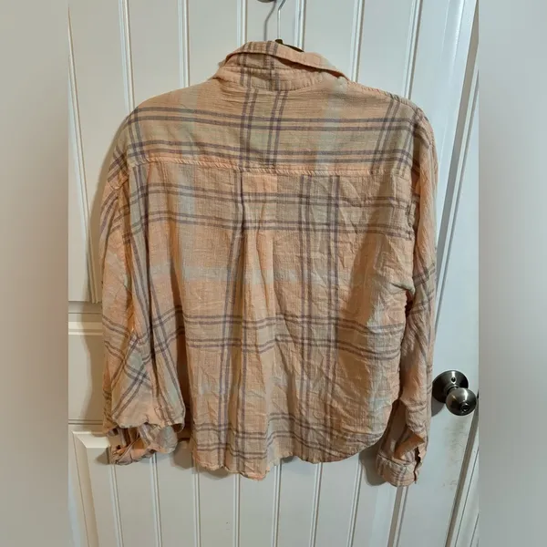 Free People Cotton Cropped Plaid Coral Light Pink Peach Button Down - Image 5