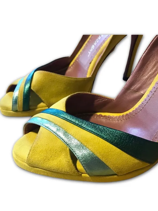Jean-Michel Cazabat Paris Yellow Suede And Teal Leather Accent Heels (37) - Image 7