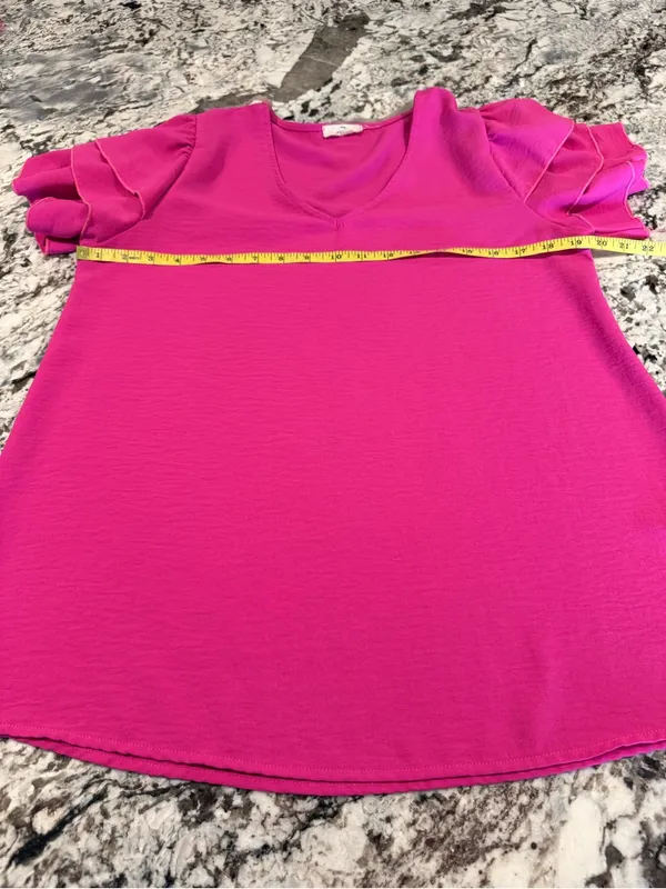 Entro Hot Pink Tiered Ruffle Sleeve V Neck Blouse Top Medium - Image 5