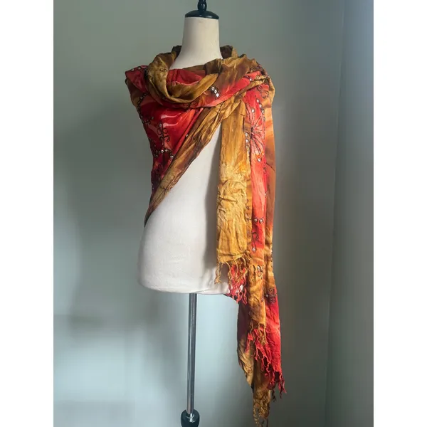 Boho Tie Dye Floral Embroidered Sequin Fringe Shawl Scarf brown red whimsigoth y - Image 4