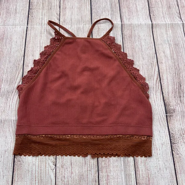 Fornia Rust Ribbed High Neck Lace Trim Cage Back Bralette Crop Top S/M - Image 2