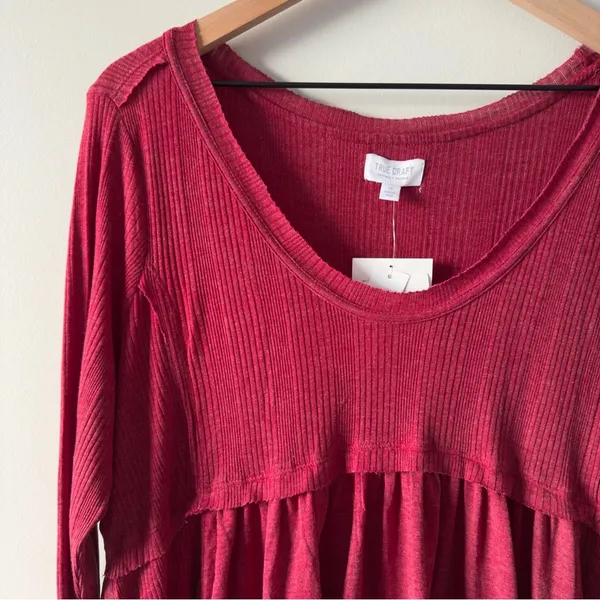 True Craft Red Babydoll Top Long Sleeve round neck cotton blend solid ribbed NWT - Image 5