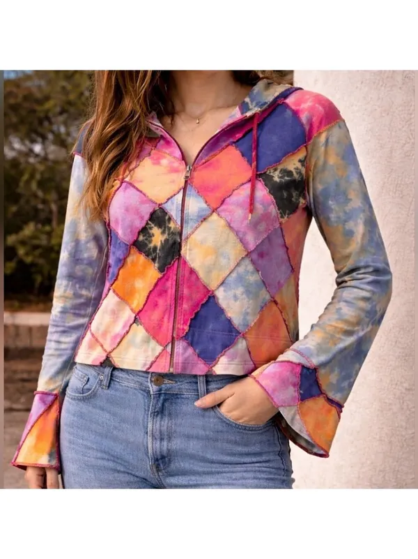 Shop Therapy Patchwork Zip Hoodie Pink Size M - Image 2