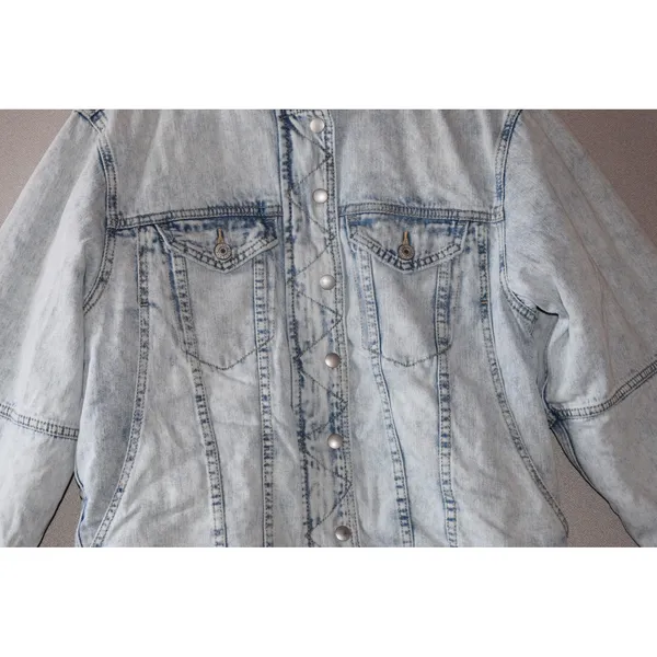American Eagle Denim Jacket Women M Light Acid Wash Faux Fur Sherpa Trucker Good - Image 3