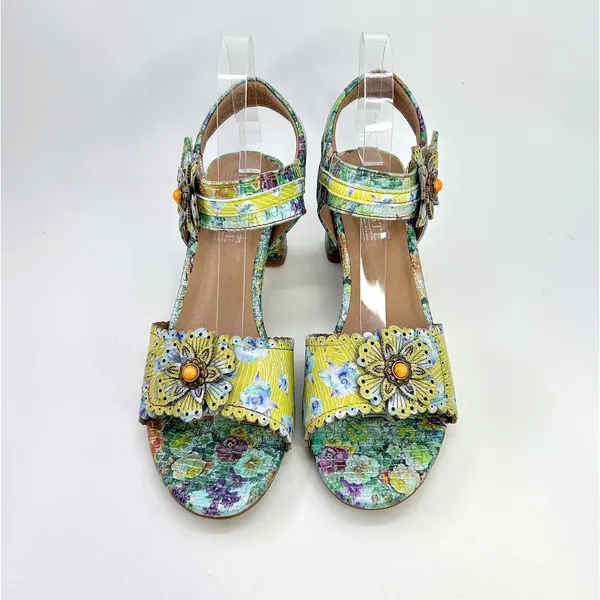 L'Artiste Spring Step Voguesh Floral Leather Block Heel Sandals 39 US 8.5 Boho - Image 3