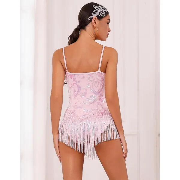 NWT ODIZLI Pink Sequin Fringe Tassel Cami Bodysuit Rave Dance Costume Small - Image 2