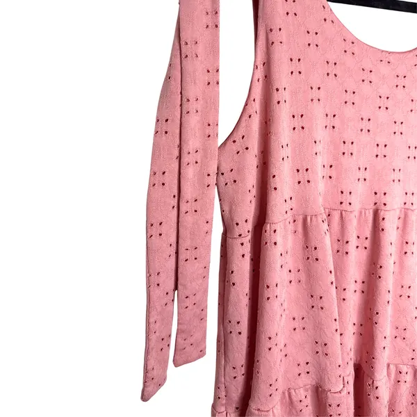 SPLA Eyelet Tie Shoulder Tiered Mini Dress Size Large Pink Cottagecore Easter - Image 4