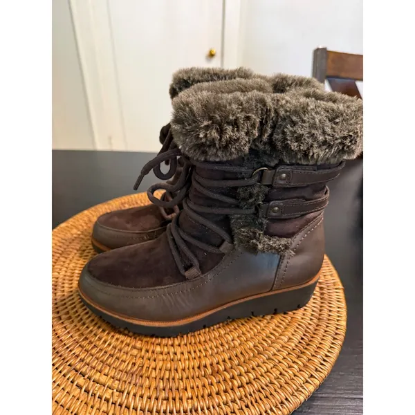 Earth Zurich Basel Brown Leather Faux Fur Trim Lace Up Ankle Boots Java Multi 7M - Image 6