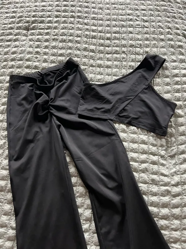 black off the shoulder crop top and pants set #loungewear #outfit - Image 2