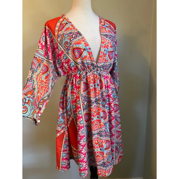 Boho Paisley V-Neck Open Back Mini Dress Red Pink Blue Long Sleeve L colorful y2 - Image 2