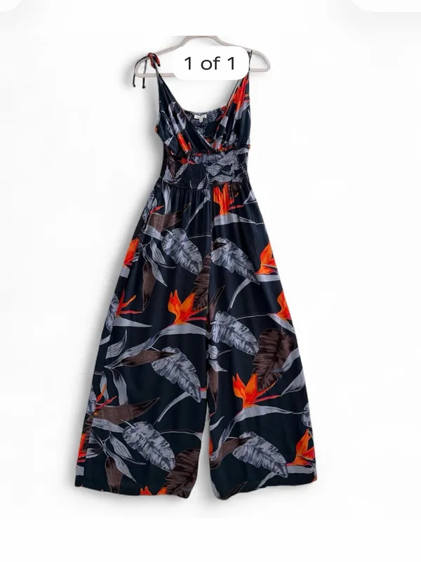 NEW Anthropologie Patrons of Peace Navy Floral Wide Leg Jumpsuit MEDIUM Blue - Image 3