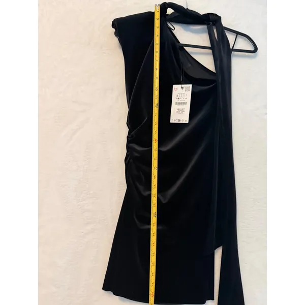 Zara Black One Shoulder Ruched Satin Mini Dress with Tie Detail NWT Size‎ S - Image 5