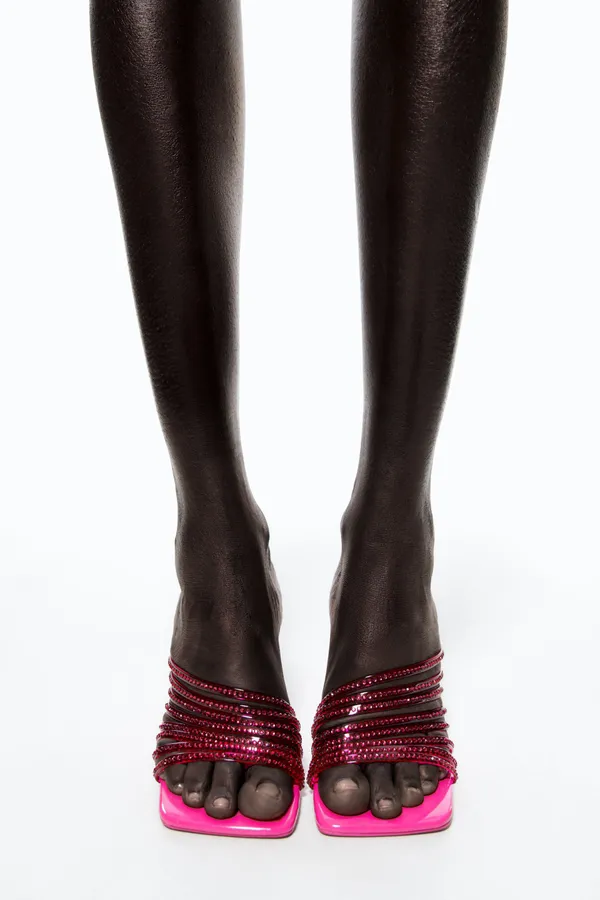 ZARA Hot Pink Rhinestone Embellished Vinyl Sequin Strappy Open Square Toe High Heels Sandals Mules - Image 12