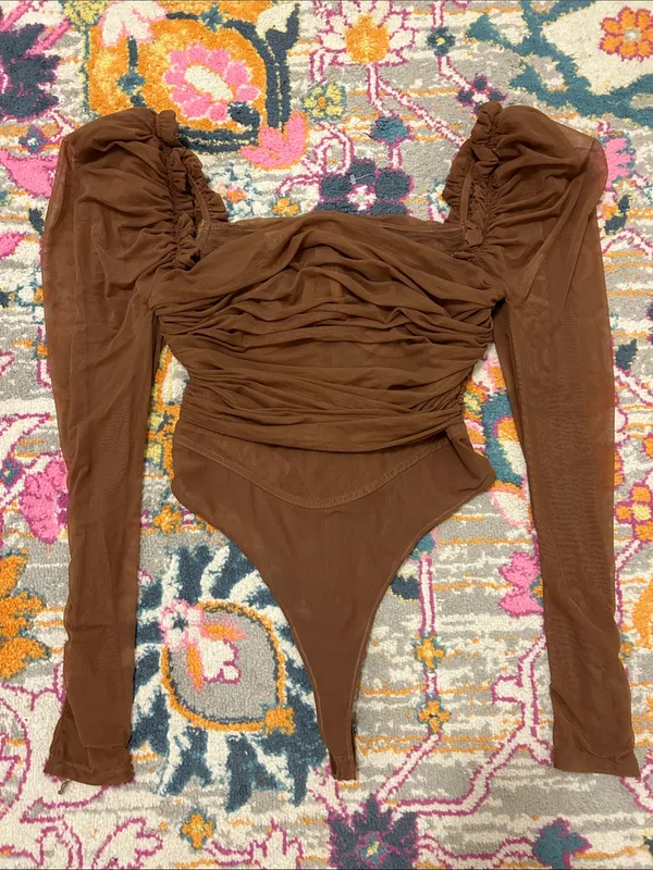 House Of CB Emme Mocha Ruched Chiffon Puff Sleeve Bodysuit Top Size Large - Image 7