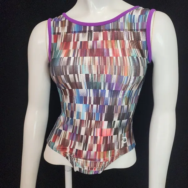 Plum Multicolored Geometric Leotard (S) Blue - Image 2
