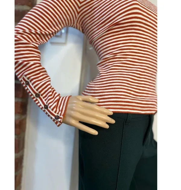 Madewell Crew Neck Button Cuff Orange Maple Stripe T-Shirt Top - Image 4