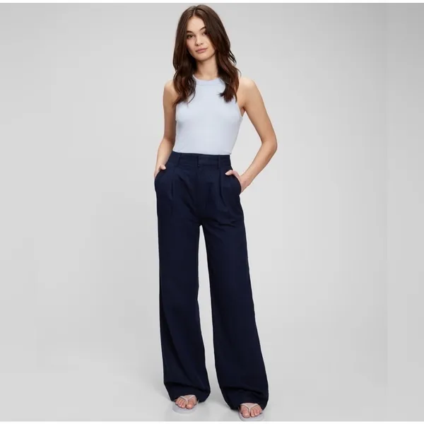 Gap Uniform Linen Pleated Pants 0 Navy Blue Minimal Chic Classic - Image 2