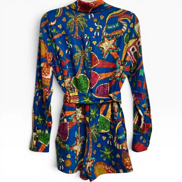 Farm Rio Folk Party Belted Romper Blue Playsuit Linen Blend Long Sleeve XS NWT‎ - Image 3