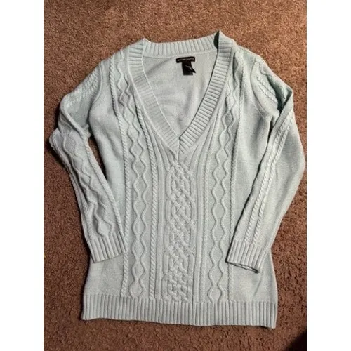 New York & Company Mint Green Cable Knit V-Neck Sweater‎ Womens Small Pullover - Image 2