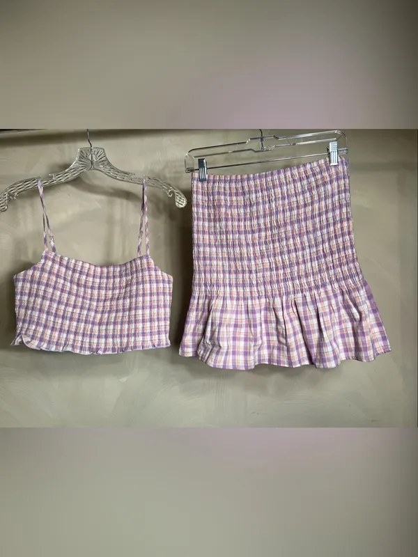 Timing Women’s Smocked Lilac Plaid/Gingham Babydoll Skirt & Top Matching Set|LRG - Image 7