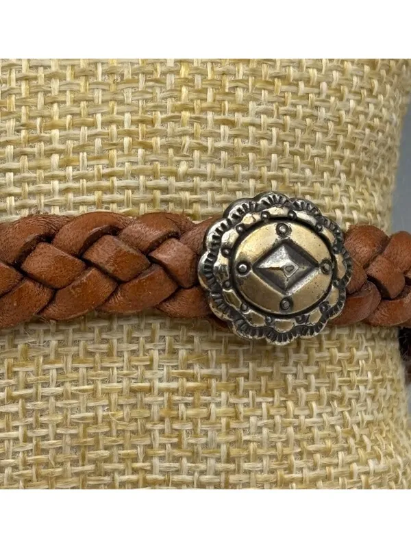 Vintage Brighton Southwestern Western Concho Braided Brown Leather Bracelet 9" - Image 2