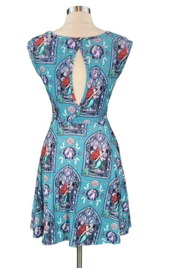 The Little Mermaid Teal Ariel Print Open Back Skater Dress - Image 7