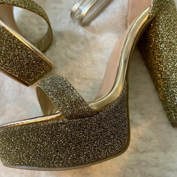 Bamboo Beautiful Gold glam Party Wedding Prom metallic glittery felt platform high chunky heels - Image 5
