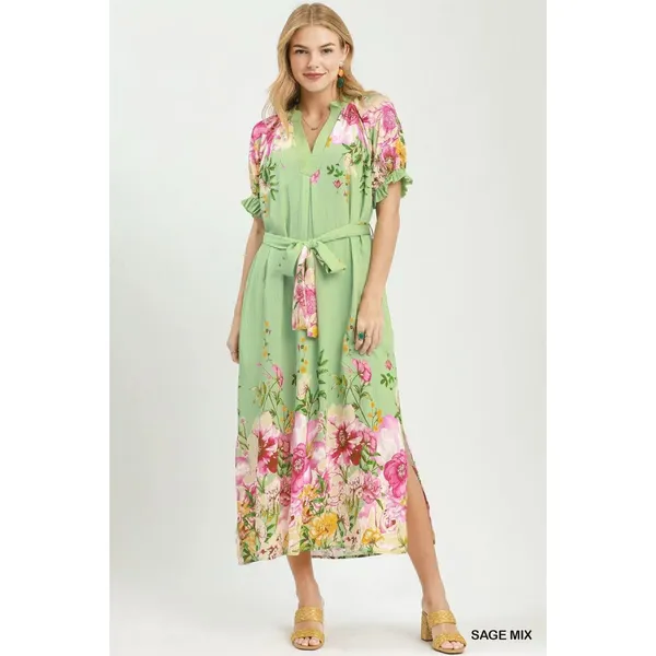 Umgee Mix Floral‎ Border Print Midi Dress - Sage Mix - Small - Image 2