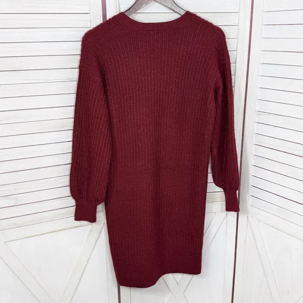 Nine West Metallic‎ Shimmer Knit Balloon Sleeve Sweater Dress Burgundy Red Small - Image 8