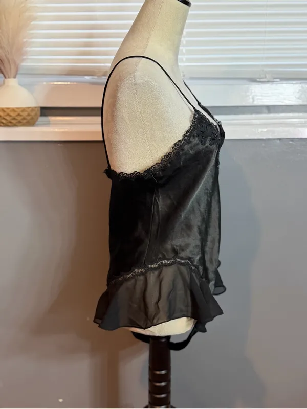 Black Satin Lace-Trim Camisole Slip with Sheer Ruffle Hem - Image 5