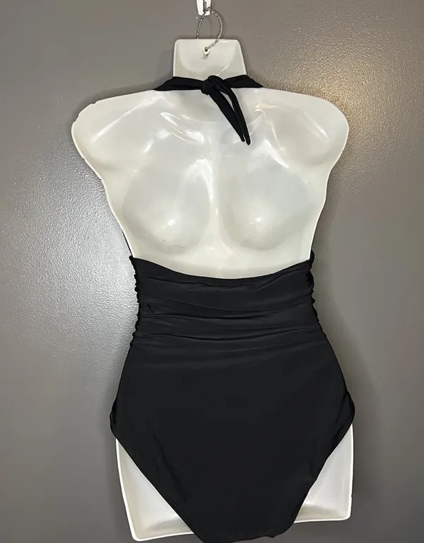 Old Navy Women’s Small Deep V-Neck Tie Back Black Halter One-Piece Swimsuit - Image 3