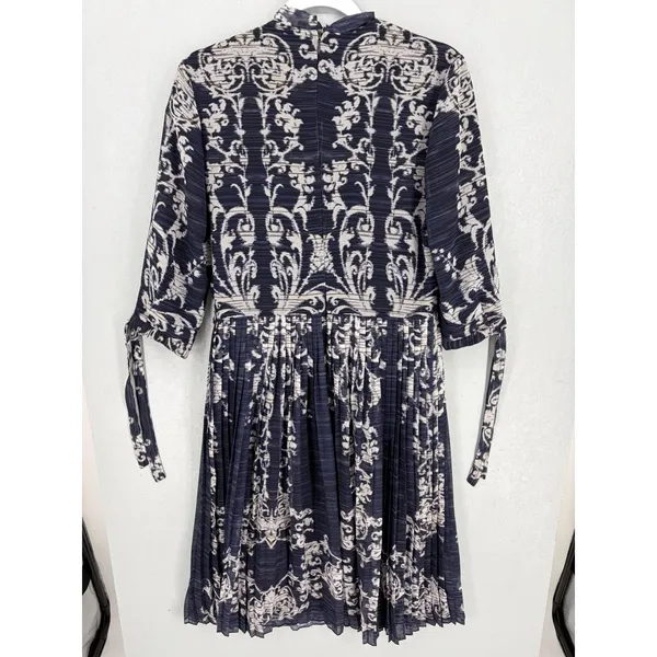 Picobell Womens Midi Dress Navy Blue Damask Pleated Tie Neck Size 42 - Image 4