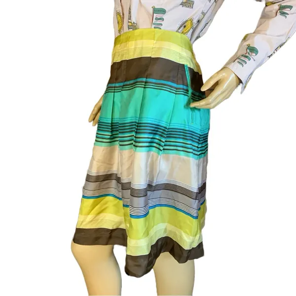 Banana Reppublic Green , Brown & Blue Stripe Silk Round Skirt Nwt (8) - Image 5