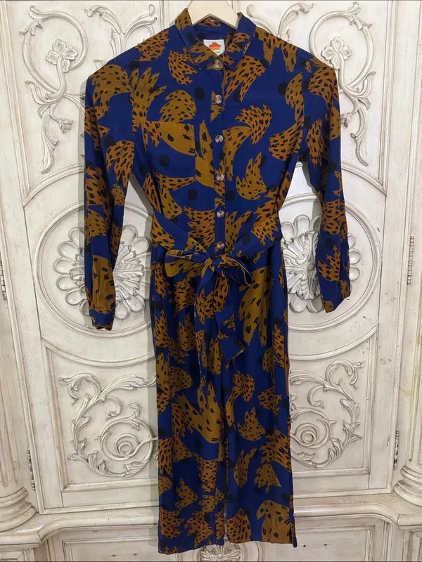 Farm Rio Banana Blue & Brown Printed Jumpsuit with Tie Waist Size Small - Image 4