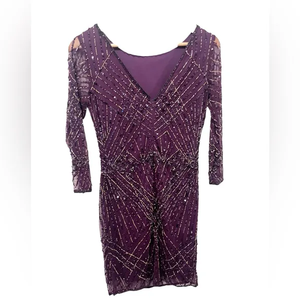 Pisarro Nights Women’s Deep Purple Beaded 3/4 Sleeve Cocktail‎ Dress Size 4 - Image 2