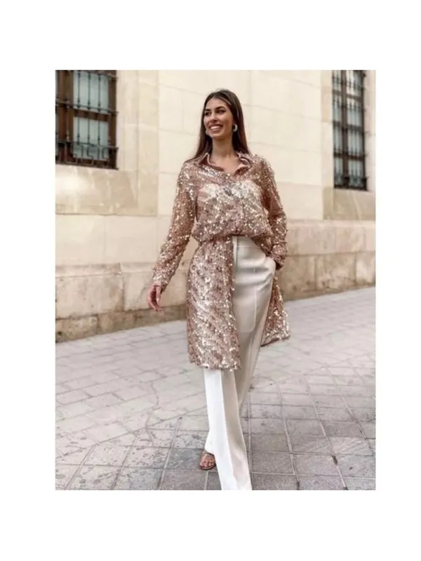 Zara Rose Gold Sequin Midi Dress - Image 4