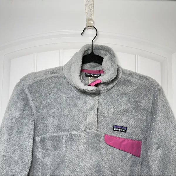 Patagonia‎ Women Small Re-Tool Snap-T Gray Fleece Pullover Pink Accents Granola - Image 4