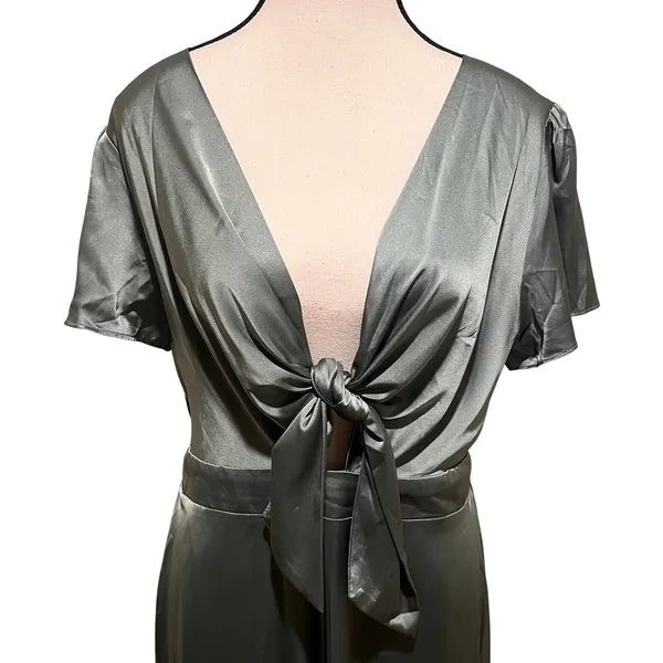 Baltic Born Poppy Satin Midi Dress Dark Sage Green V-Neck Peek Tie Front Size L - Image 4