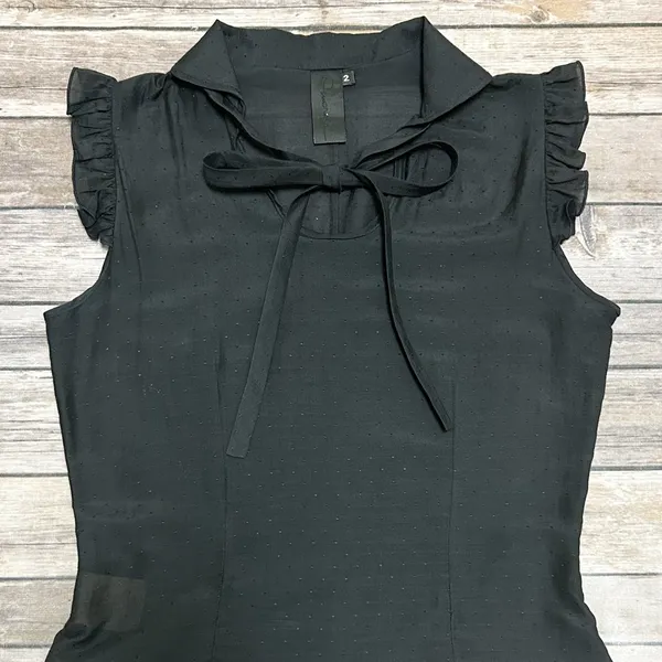 Omorika Black Sheer Polka Dot Sleeveless Ruffle Tie Collar Silk Blend Top 2 - Image 2
