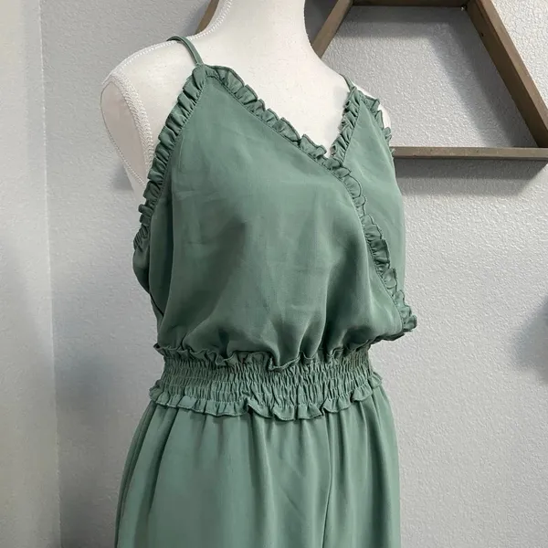 Gigio Sage Green Jumpsuit Wide Leg Ruffle Hem Smocked Adjustable Straps - Image 2