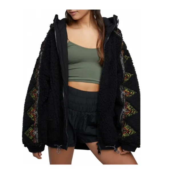 FP Movement by Free People Black Teddy Jacket with Patterned Sleeves - Image 8