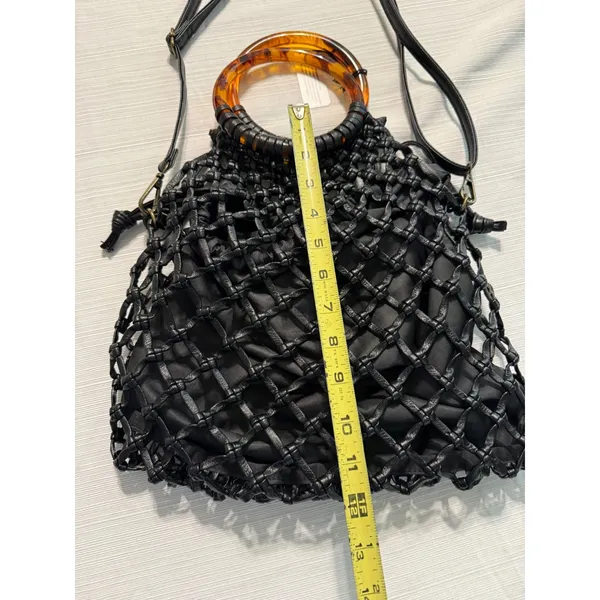 Anthropologie Black Macrame Net Bag‎ Tortoiseshell Ring Handle Crossbody Pouch - Image 4