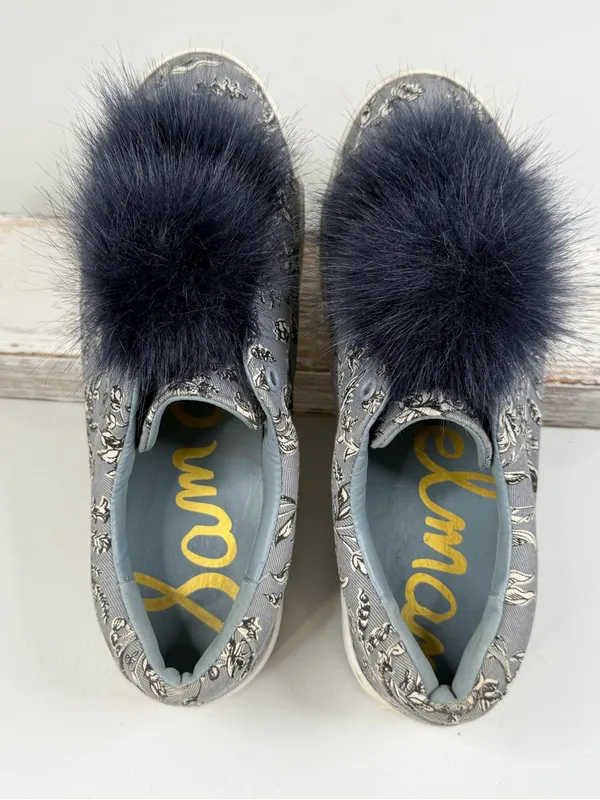 SAM EDELMAN Women's "Leya" Pom Pom Slip On Blue Floral Canvas Sneakers-8 - Image 2