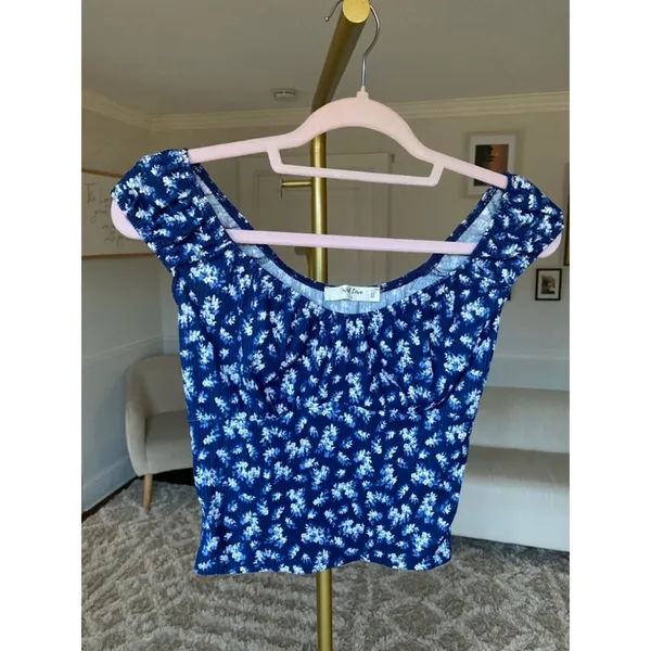 Wild Love Crop Top Blue‎ Ditsy Floral Smocked Off-Shoulder Cottagecore Feminine - Image 2