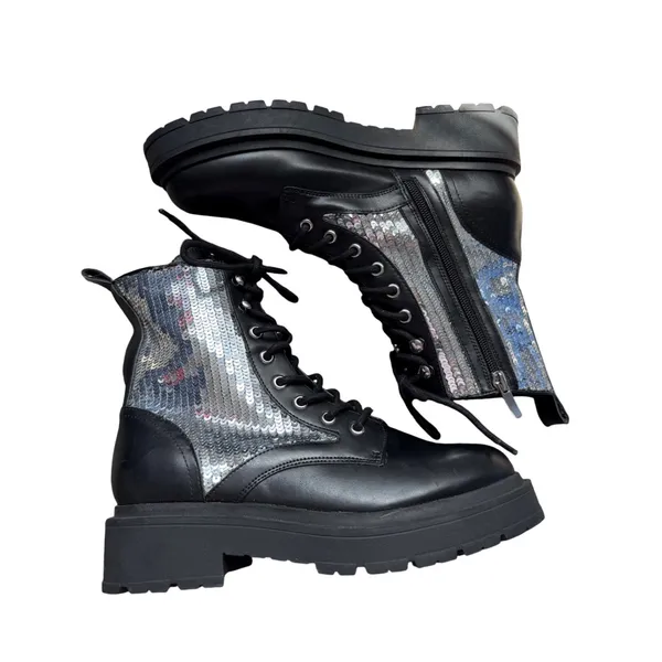 Nine West Black Sequin Combat Boots Lug Sole Lace Up Platform Boots 8M NEW - Image 6