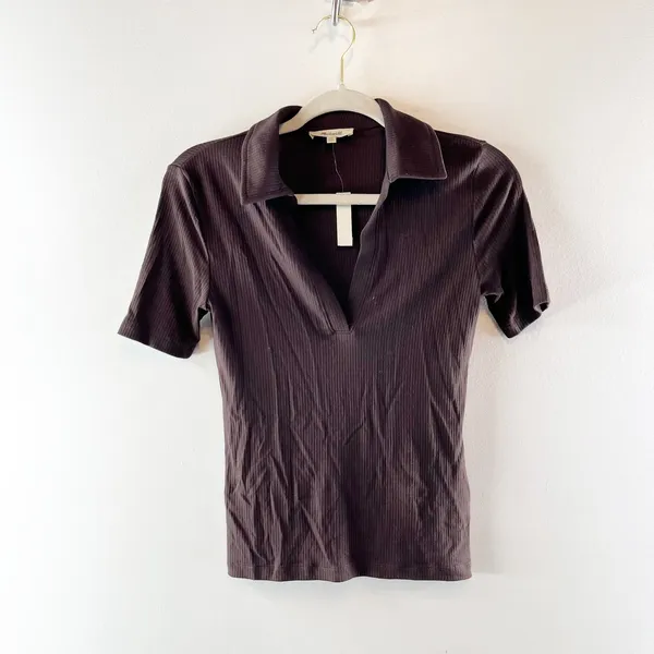 Madewell Drapey Rib Short Sleeve Polo Shirt Top Chocolate Brown XS - Image 2
